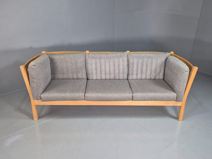 Vintage Danish 3 Seat Sofa Grey Blue Upholstery Oak Frame 1970s MCM EB7457 M3SS