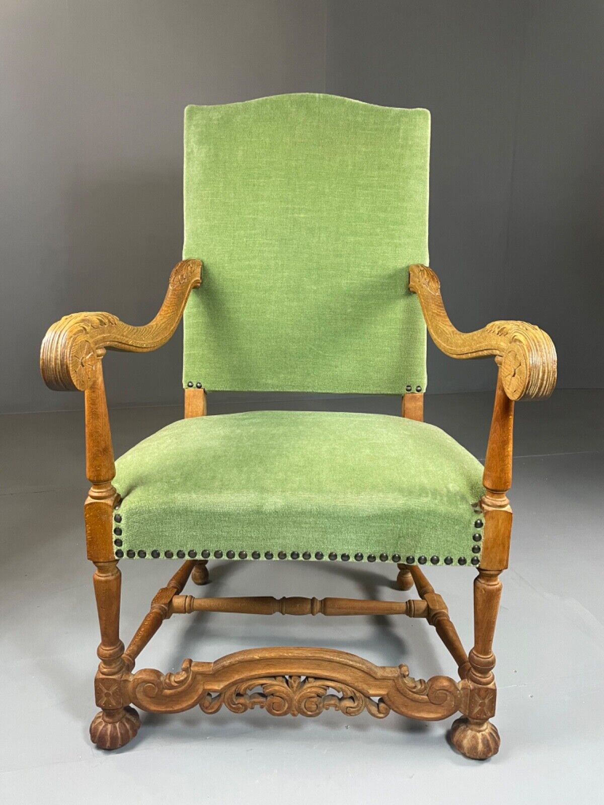 EB4649 Danish Early 20th Century Carved Oak And Green Velour Chair, Antique VCAR