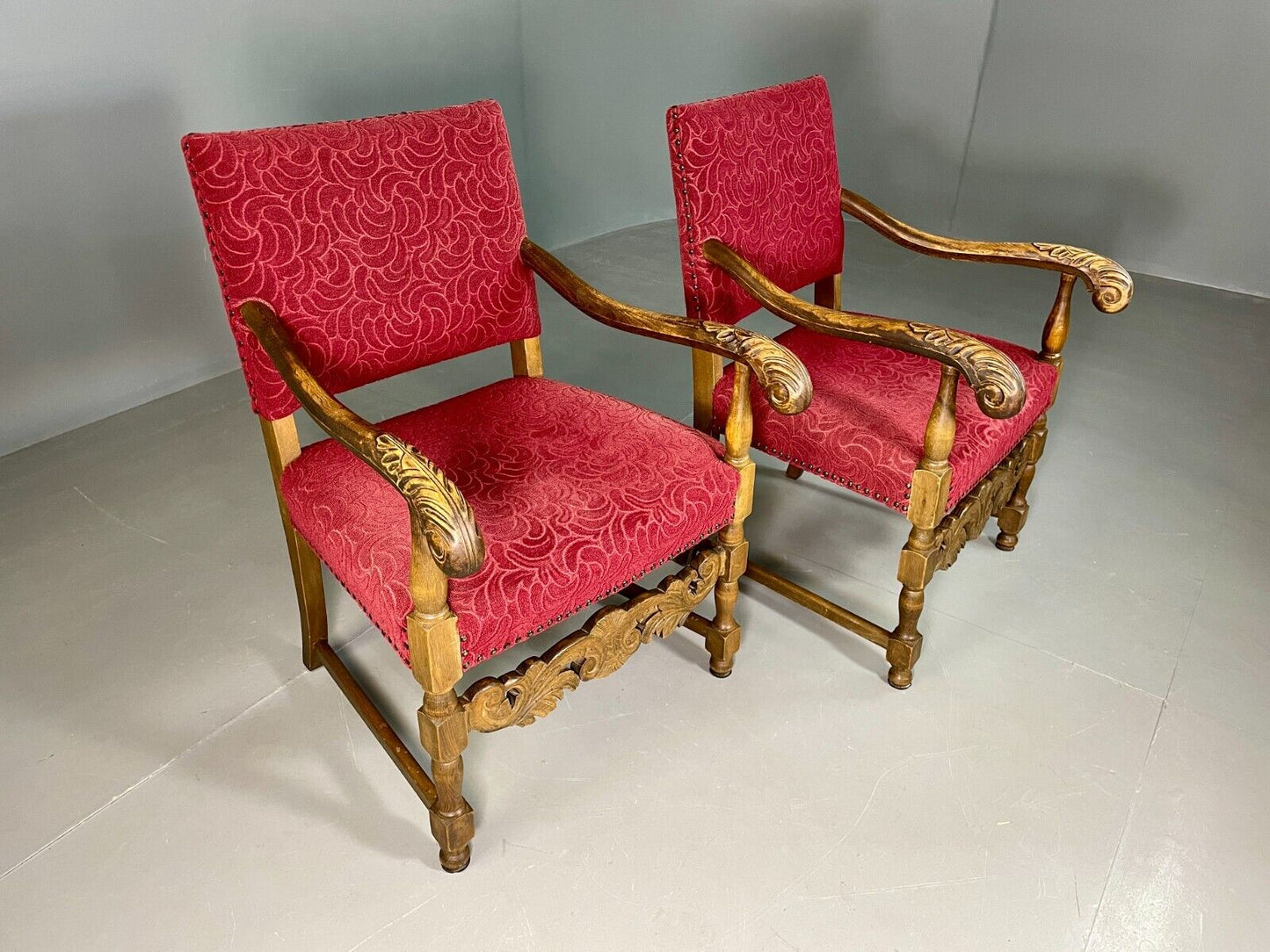 EB6943 2 Vintage Elbow Chairs Red Moquette Oak Frame 17th Century Style RepoVCLO