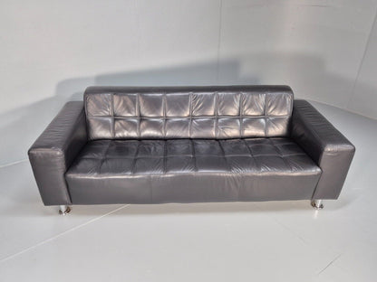 Vintage Danish 3 SEat Sofa Black Leather Chrome Feet 1980s Retro MCM EB8588 M3SS