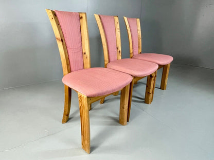 EB4798 3 Danish 1980s Pine & Pink Fabric Dining Chairs, Retro, Post Mod , MDIN