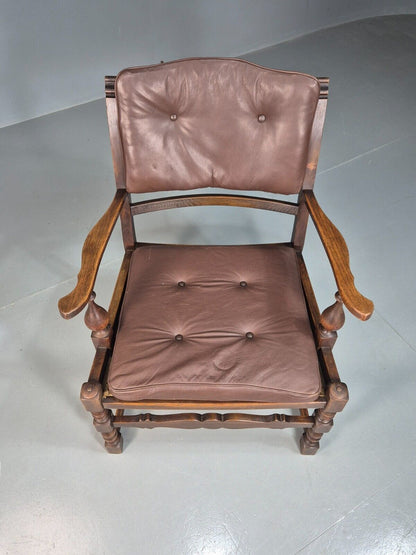 Vintage Danish Lounge Chair Brown leather Oak Frame Jacobean Style EB8089 VCAR