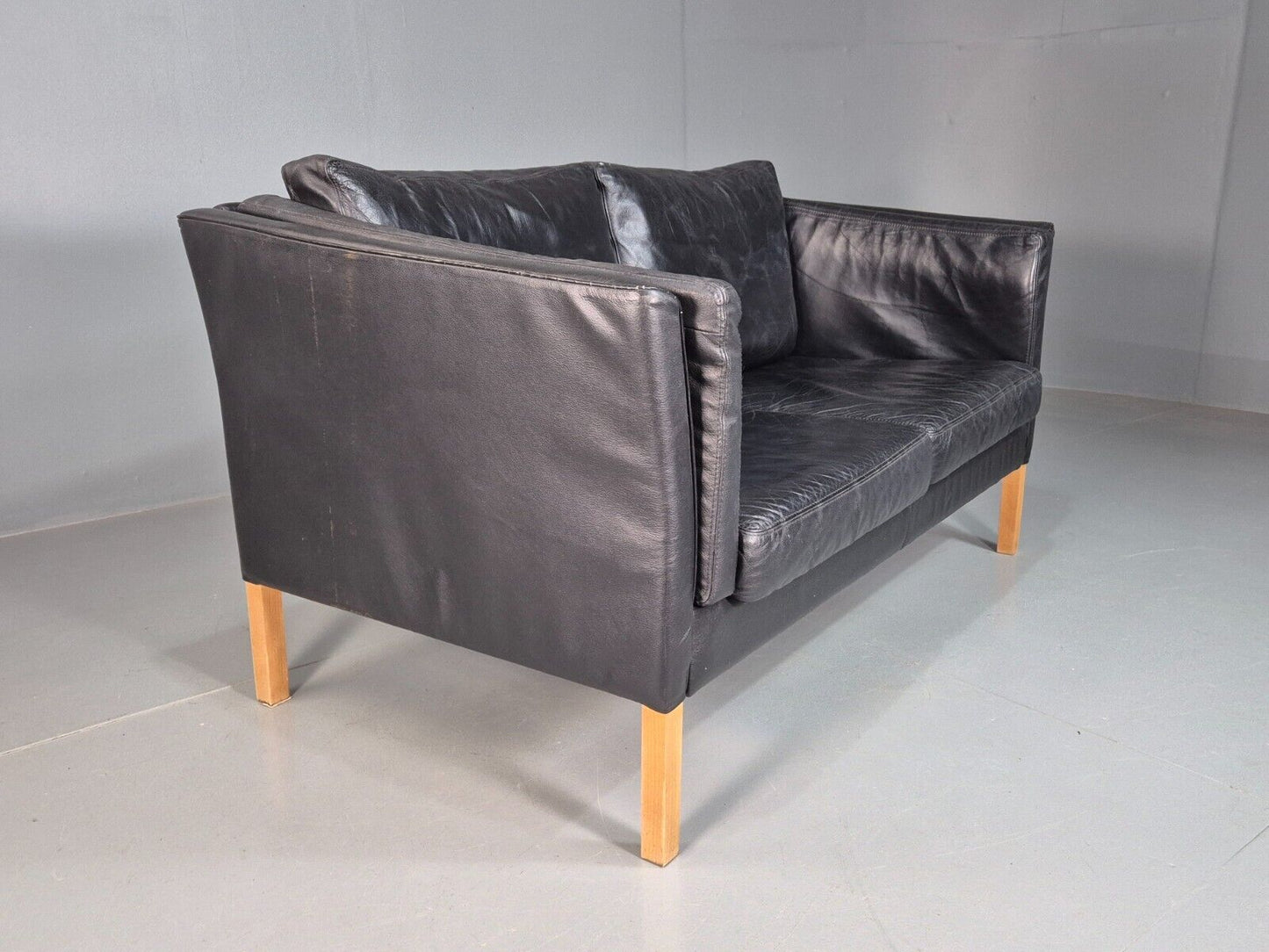 Vintage Danish 2 Seat Sofa Black Leather 1980s Retro MCM  EB7625 M2SS