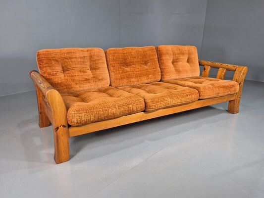 Vintage Swedish 3 Seat Sofa Orange Chenille Pine Frame 1970s Retro EB7773 M3SS