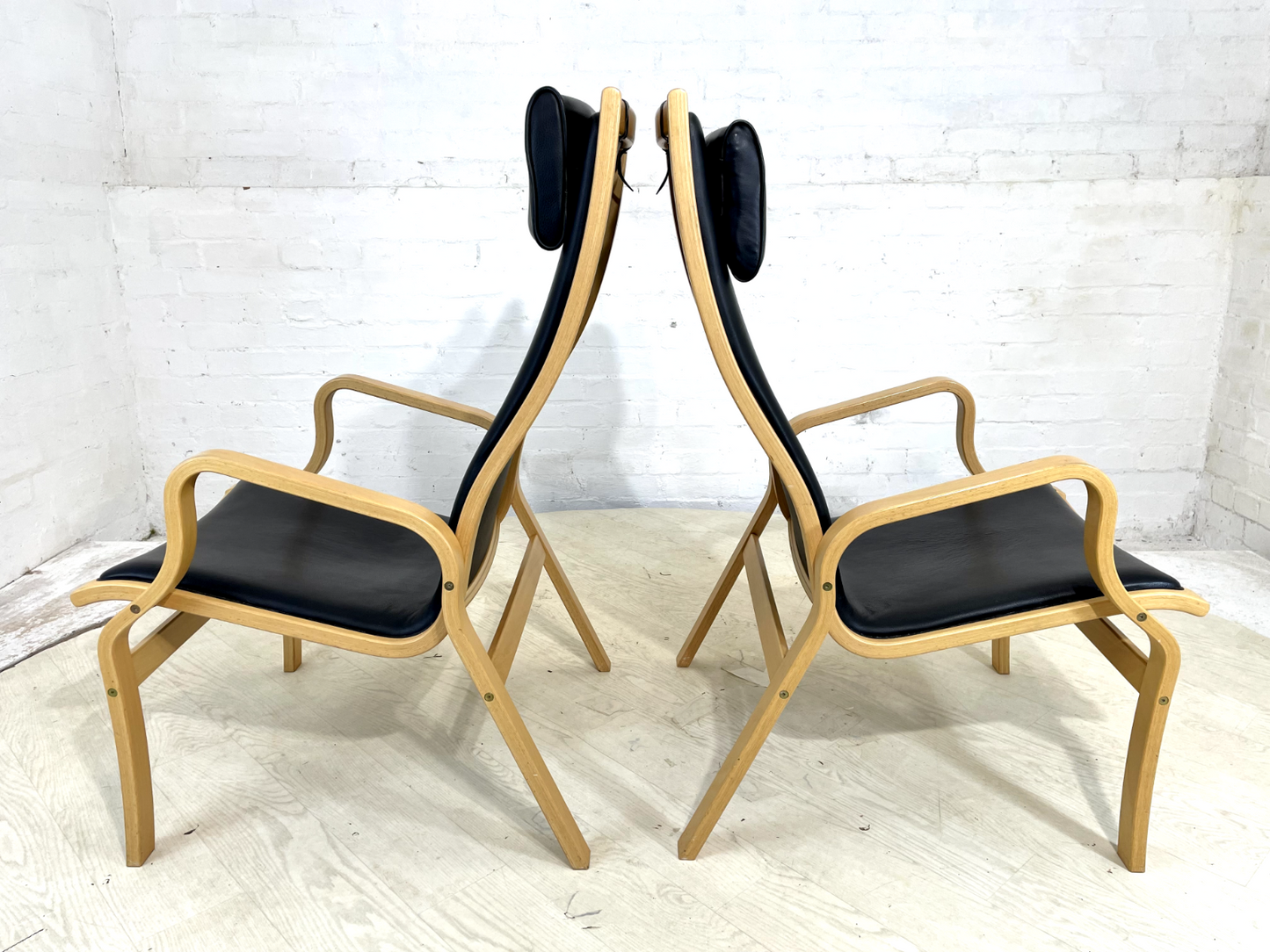 EB4445 Pair Of Vintage Danish Skippers Bentwood Chairs Black Leather Retro MBEN