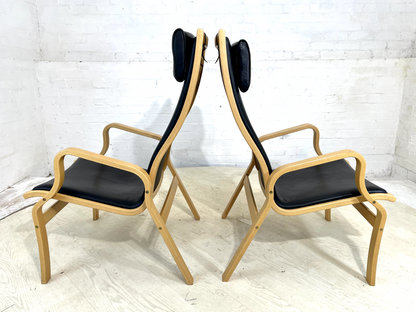 EB4445 Pair Of Vintage Danish Skippers Bentwood Chairs Black Leather Retro MBEN