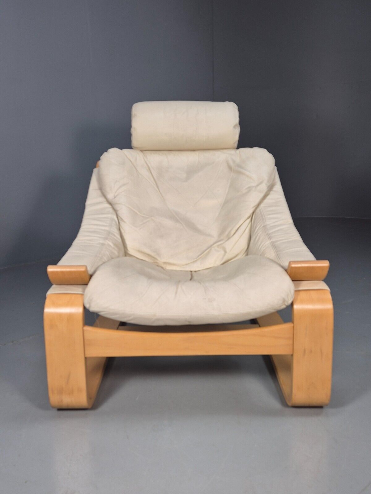 Vintage Swedish Lounge Chair Cream Leather Bentwood Krokken 1970 MCM EB8510 MBEN