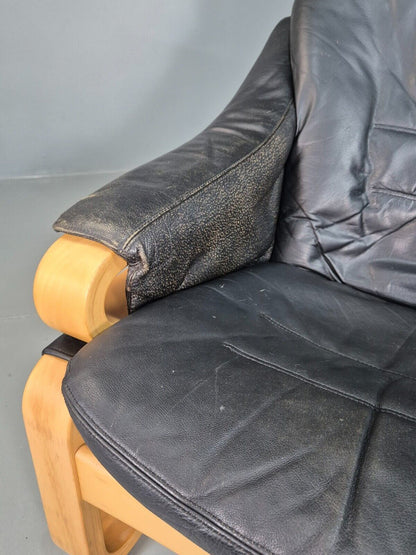 Vintage Danish Lounge Chair Black Leather Bentwood Skippers Retro EB7591 MBEN