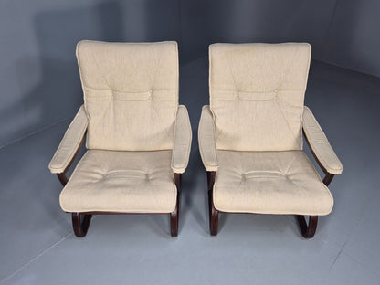 2 Vintage Danish Lounge Chairs Cream Wool Bentwood 1980s Retro MCM EB8540 MBEN