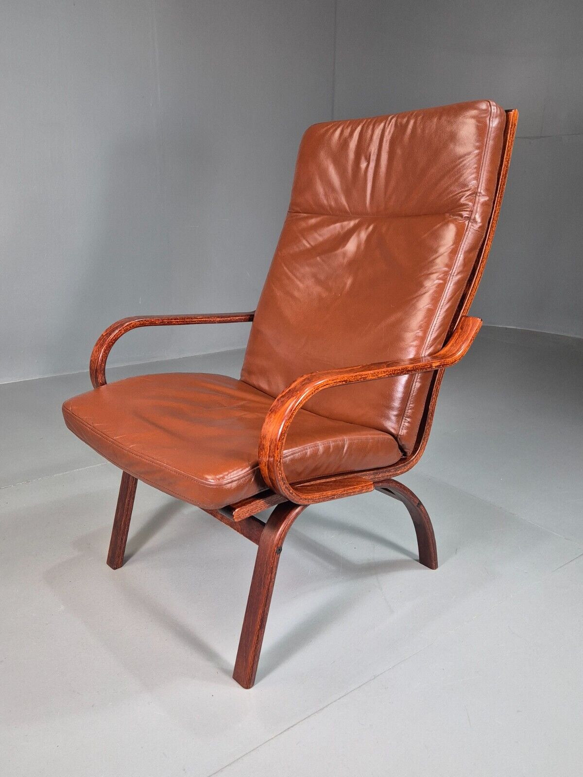 EB7485 Vintage Danish Lounge Chair Brown Leather Bentwood Retro 1980s MBEN