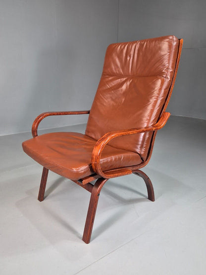 EB7485 Vintage Danish Lounge Chair Brown Leather Bentwood Retro 1980s MBEN