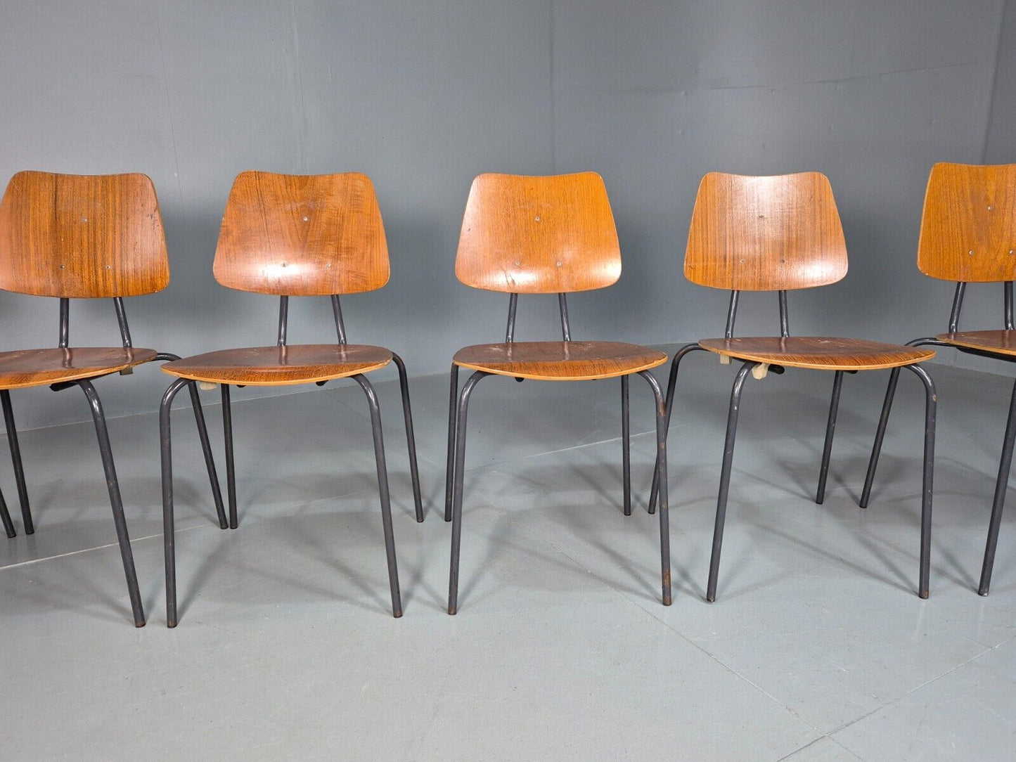 6 Vintage Danish Stacking Chairs Teak Plywood Steel Frame 1960 Retro EB8375 MSTA