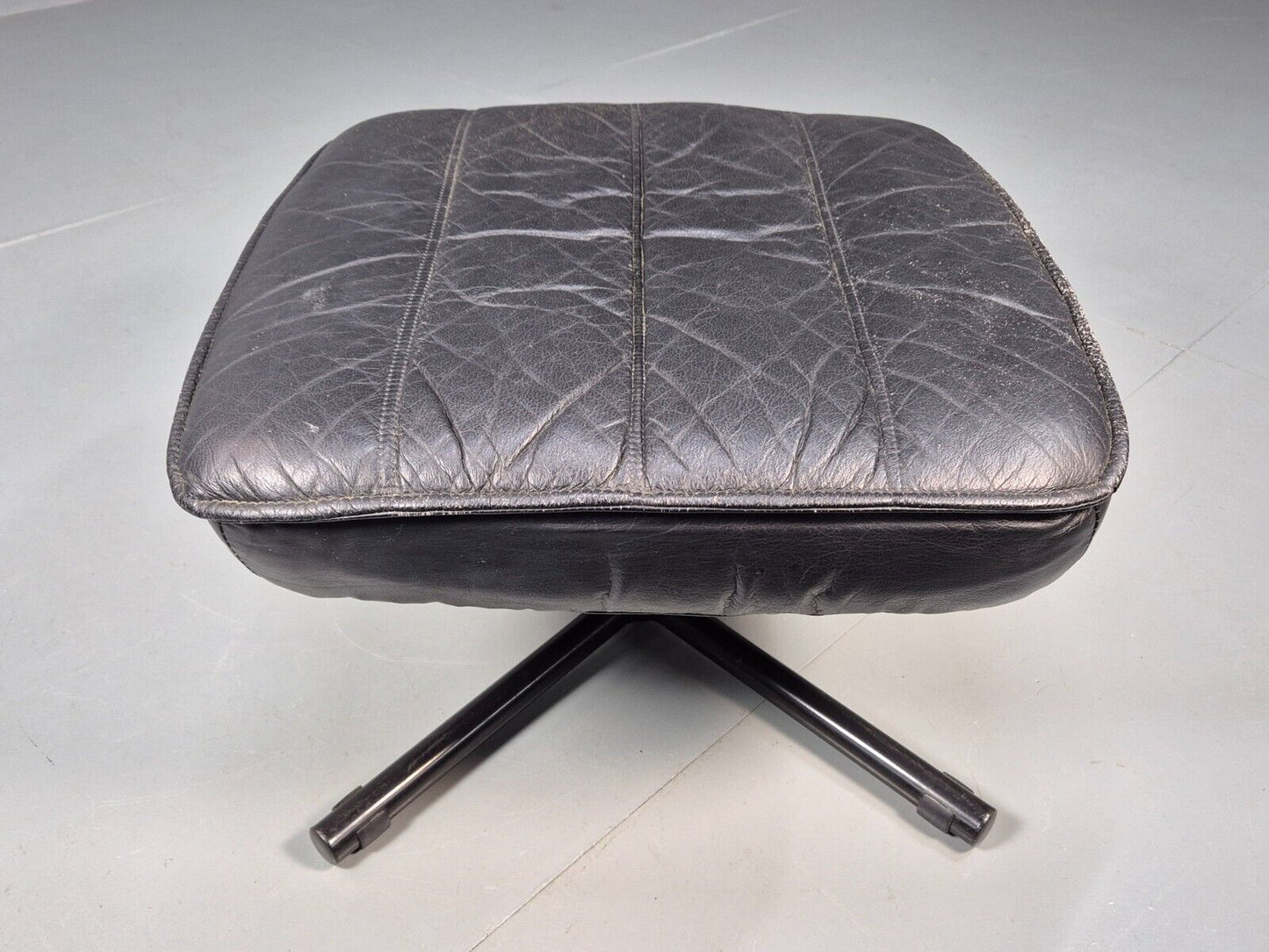 Vintage Danish Black Leather Footstool Black Metal Base EB8692 MFOO