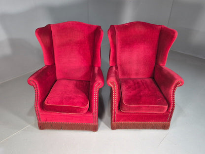 Pair Vintage Danish Wing Back Red Velour Studded Armchairs EB8059 VCLO