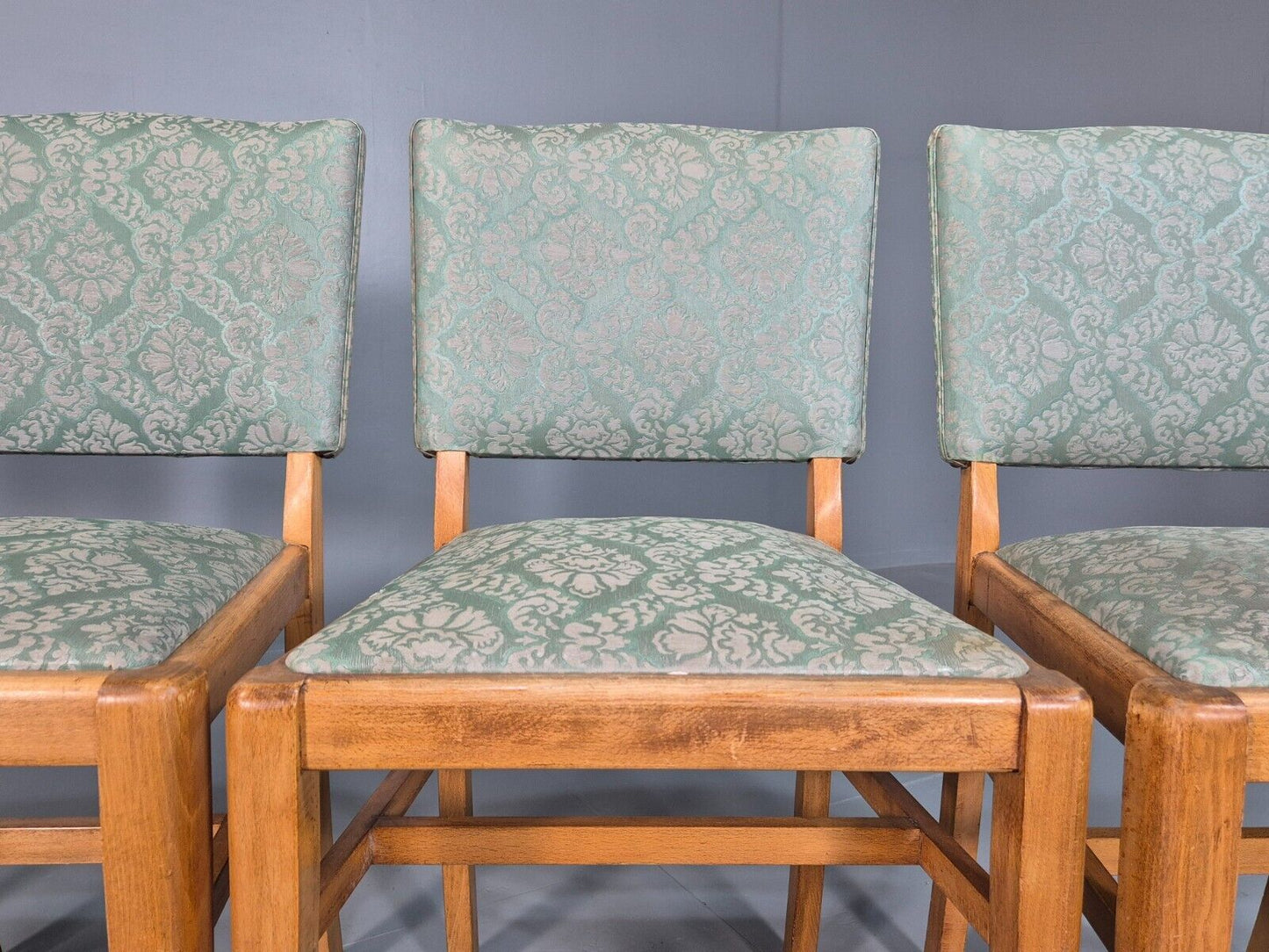 4 Vintage Dining Chairs Green Embossed Vinyl Beech Frame 1960s Retro EB7868 MDIN