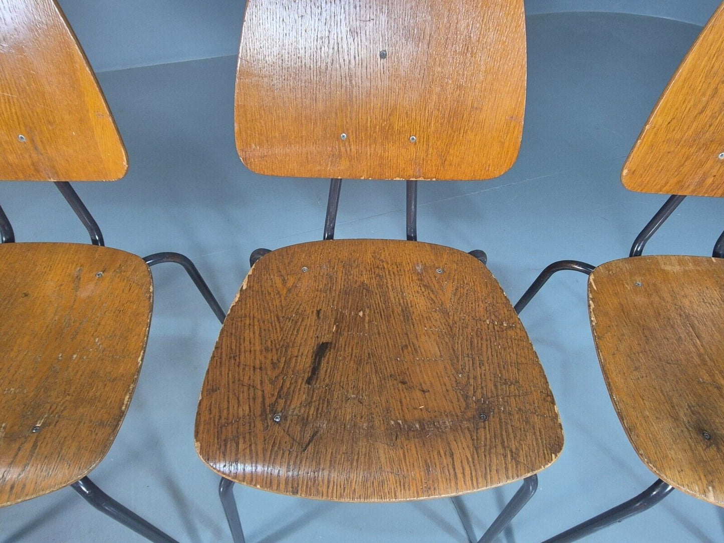 4 Vintage Danish Stacking Chairs Oak Plywood Steel Frame 1960s Retro EB8381 MSTA