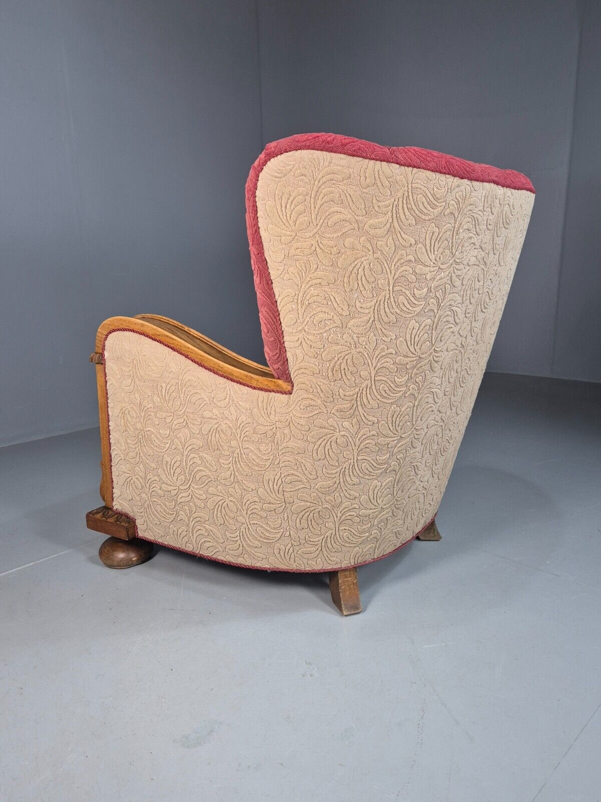 Vintage Danish Lounge Chair Red Moquette Oak Shell Back Antique 1930 EB8280 VCLO