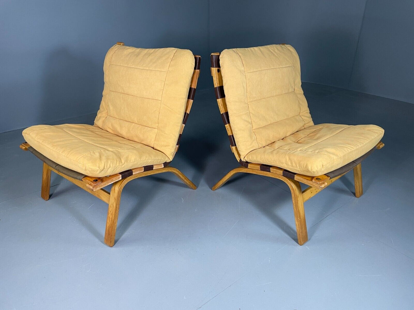 EB6631 2 Vintage Danish Lounge Chairs Yellow Cotton Bentwood Retro MCM MBEN