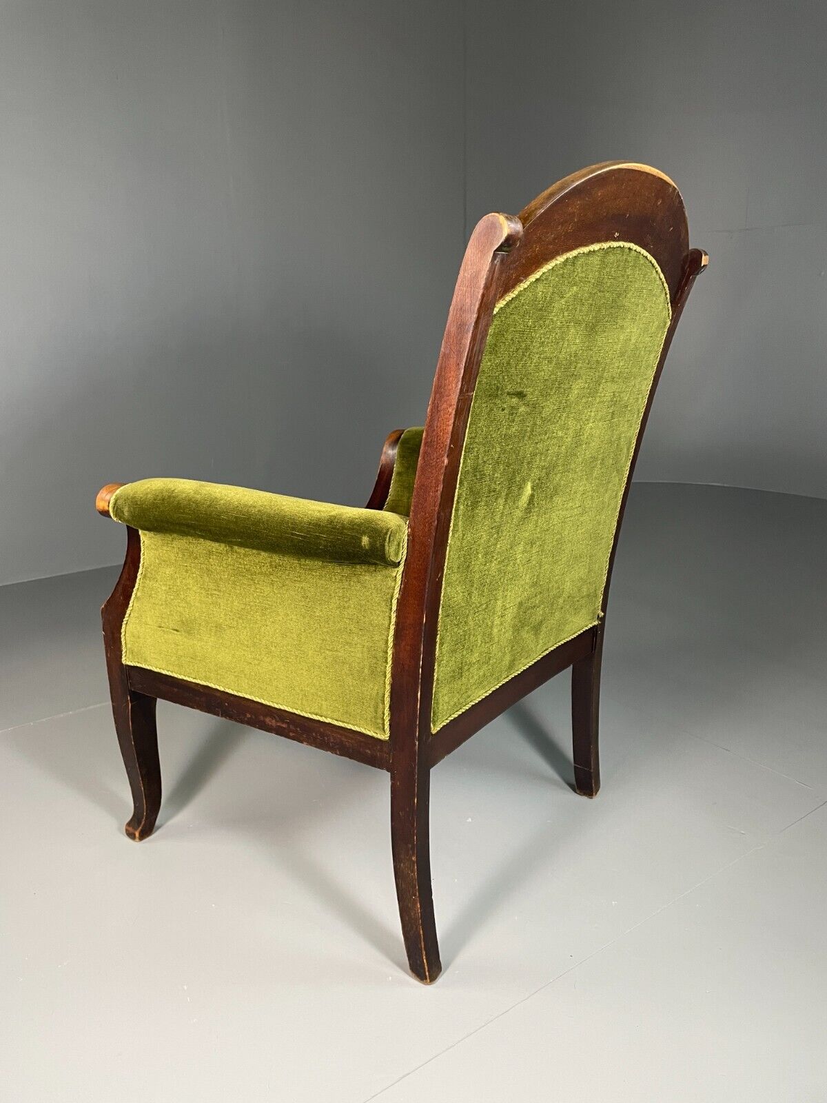 EB6469 Antique Danish Armchair Green Velour Stained Oak Vintage VCLO