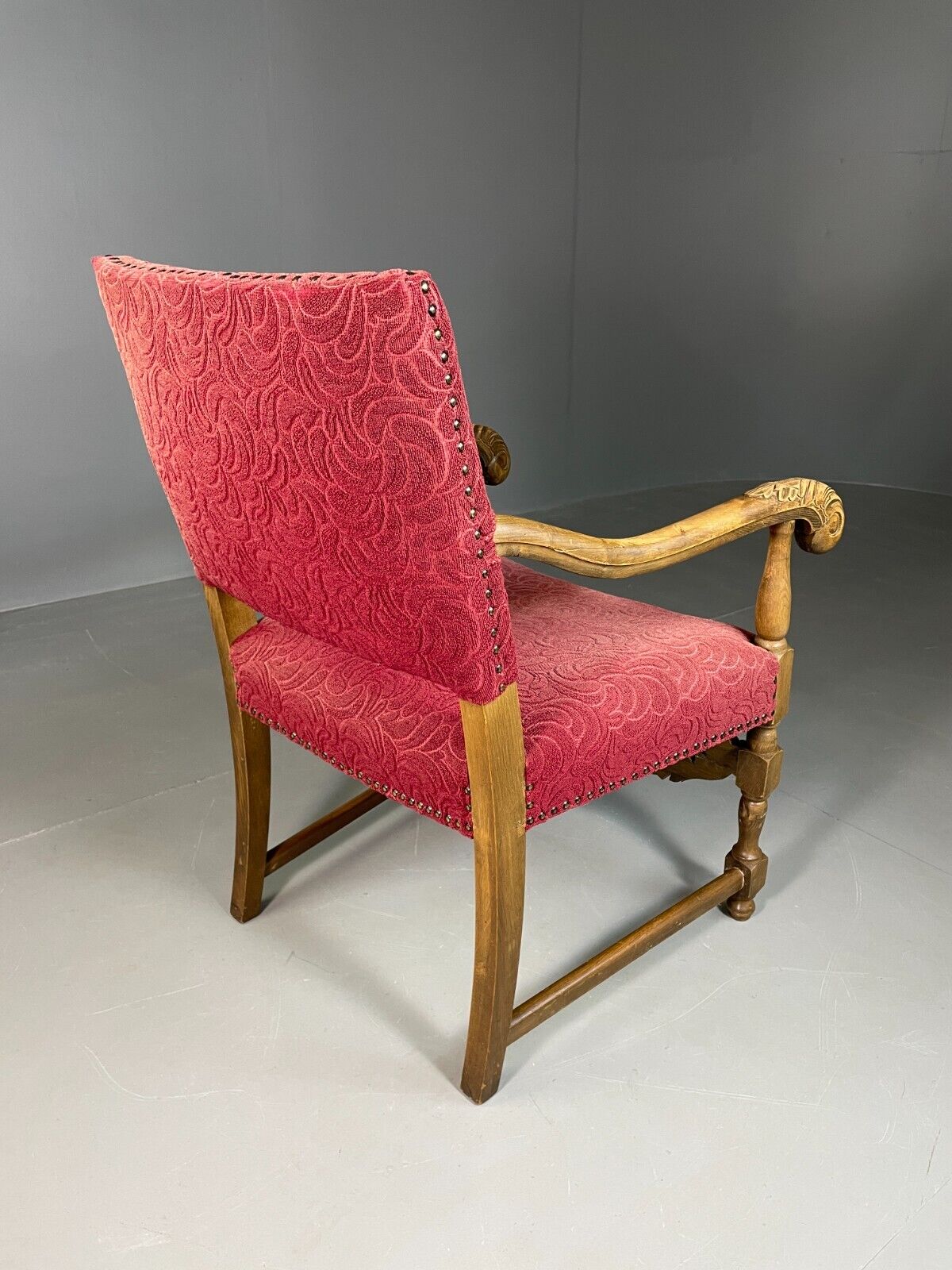 EB6942 Vintage Danish Lounge Chair Oak Red Moquette 17th Century Style VCLO