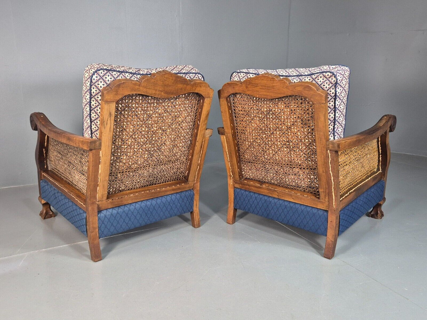 2 Vintage Lounge Chairs Blue Cream upholstery Bergere 1900s Antique EB7881 VBER