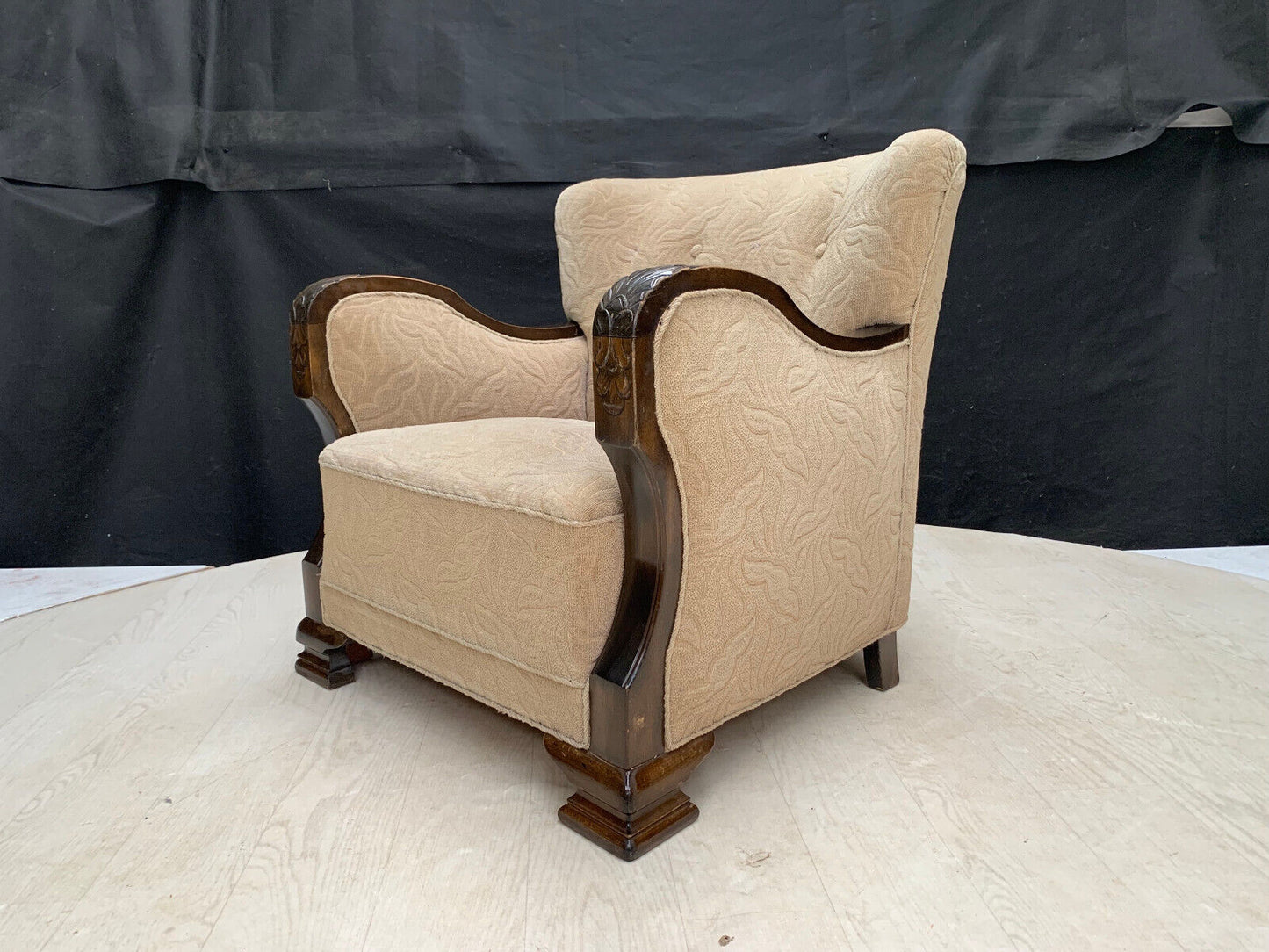 EB2887 Danish Stained Beech & Beige Patterned Fabric Chair Vintage Lounge VCAR