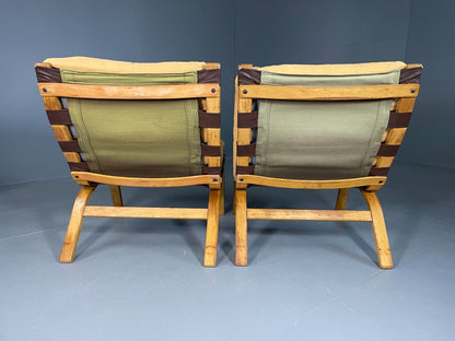 EB6631 2 Vintage Danish Lounge Chairs Yellow Cotton Bentwood Retro MCM MBEN