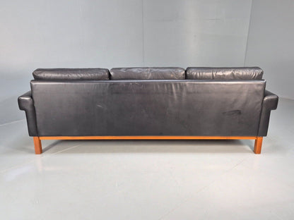 Vintage Swedish 3 Seat Sofa Black Leather Teak Base Retro 1960s MCM EB7756 M3SS