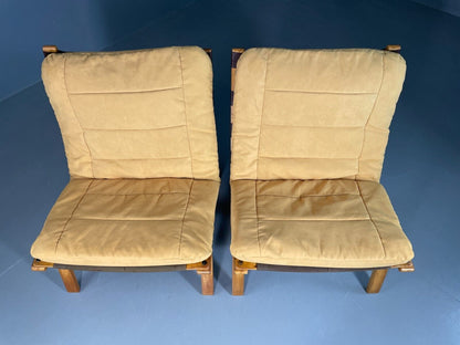 EB6631 2 Vintage Danish Lounge Chairs Yellow Cotton Bentwood Retro MCM MBEN