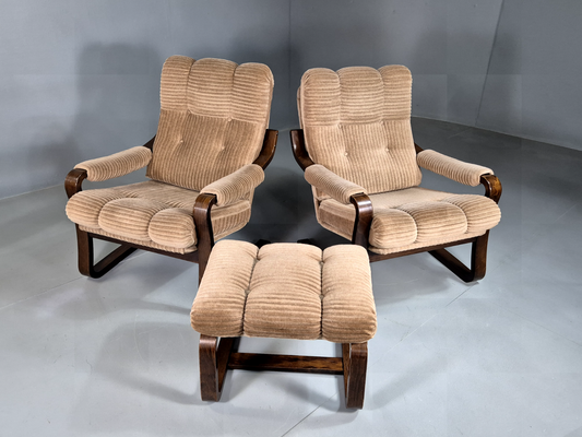 2 Vintage Danish Lounge Chairs Beige Corduroy Bentwood Retro MCM EB7193 MBEN