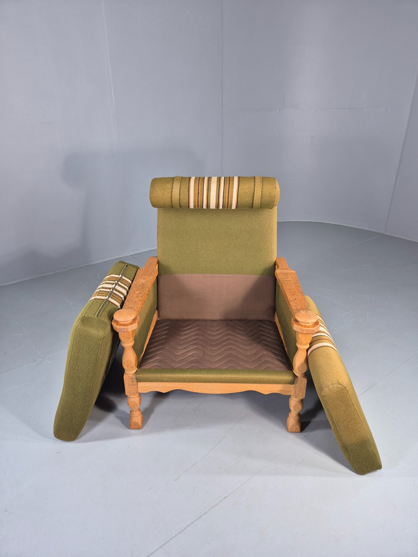 Vintage High Back Kjearnulf Arm Chair Oak Frame Green Stripe 1970s Retro EB12736