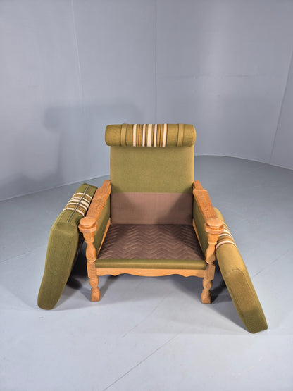 Vintage High Back Kjearnulf Arm Chair Oak Frame Green Stripe 1970s Retro EB12736
