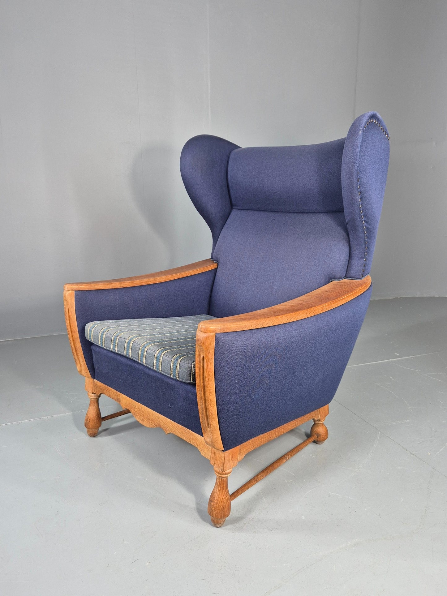Vintage Danish Lounge Wing Chair Oak Frame Blue Wool 1970s  Retro MCM EB12771
