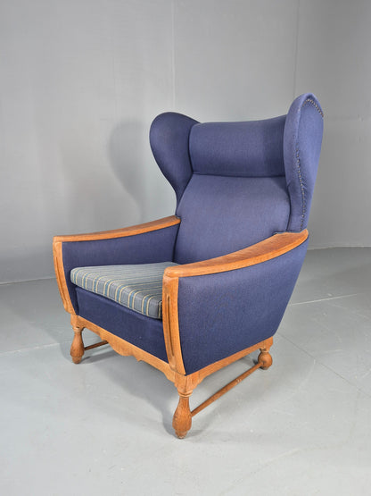 Vintage Danish Lounge Wing Chair Oak Frame Blue Wool 1970s  Retro MCM EB12771