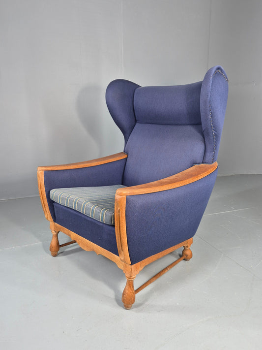 Vintage Danish Lounge Wing Chair Oak Frame Blue Wool 1970s  Retro MCM EB12771