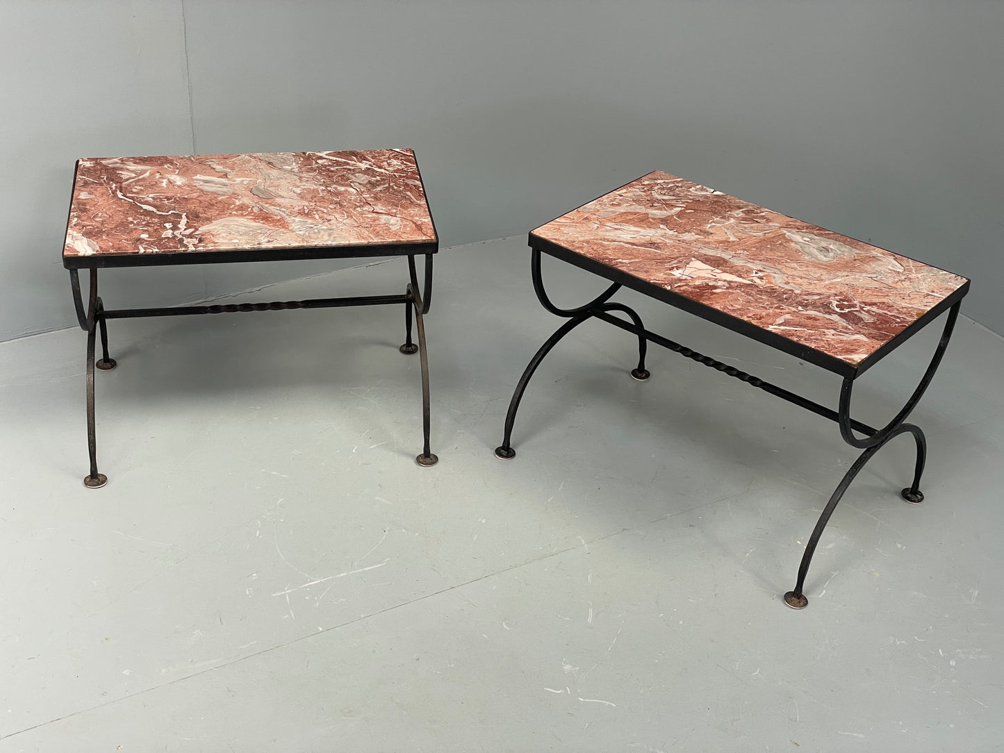 Vintage Wrought Iron Marble Side Tables Italian Breccia Pernice 1950s EB12301