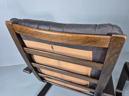 2 Vintage Leather Lounge Chairs 1970s Danish Bentwood MCM Retro  EB13080