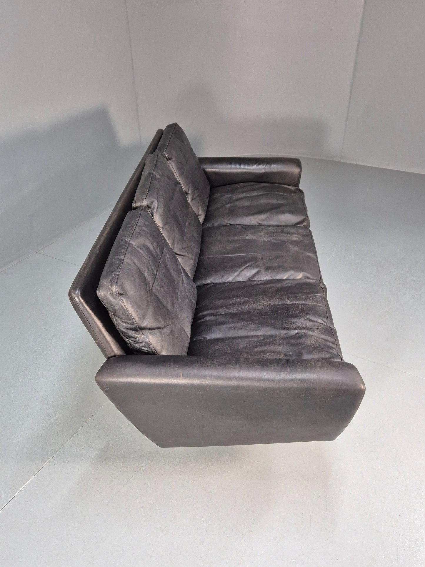 Vintage 3 Seater Black Leather Sofa 1960s Danish Thams Retro MCM EB09926