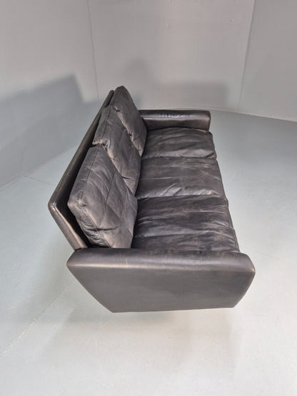 Vintage 3 Seater Black Leather Sofa 1960s Danish Thams Retro MCM EB09926