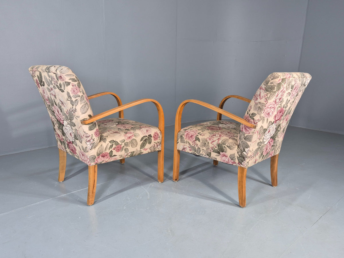 2 Vintage Danish Lounge Chairs 1950s Deco Bentwood Floral Print Retro EB12644
