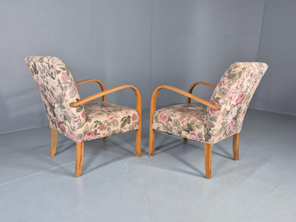 2 Vintage Danish Lounge Chairs 1950s Deco Bentwood Floral Print Retro EB12644