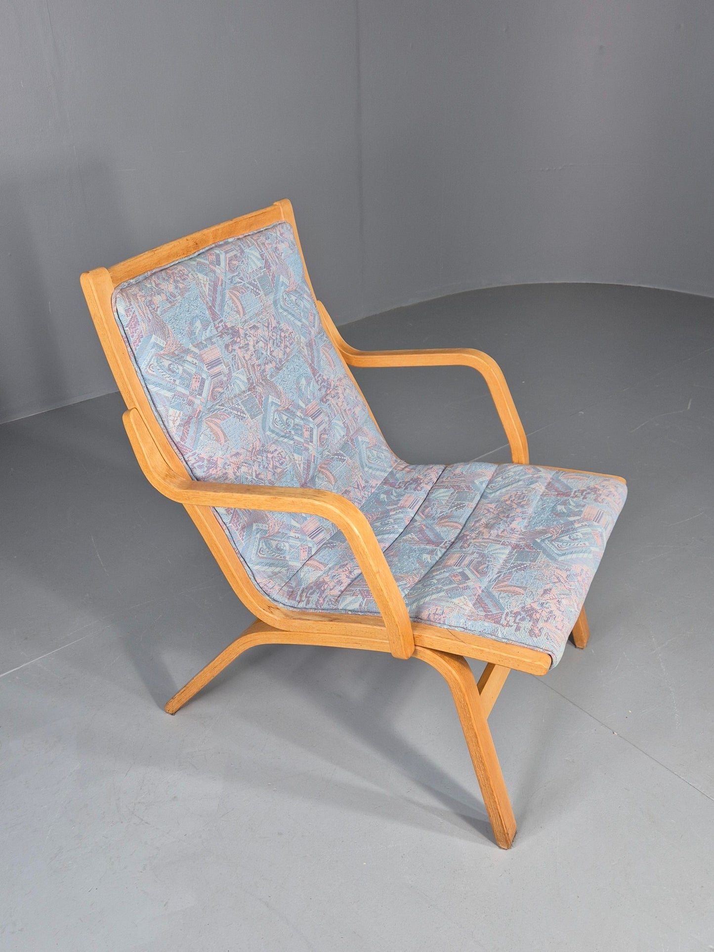 Vintage Mid Century Danish Bentwood Chair Blue Abstract 1980s Retro EB12107