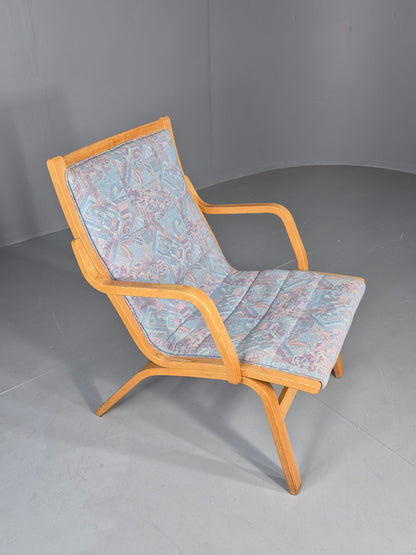 Vintage Mid Century Danish Bentwood Chair Blue Abstract 1980s Retro EB12107