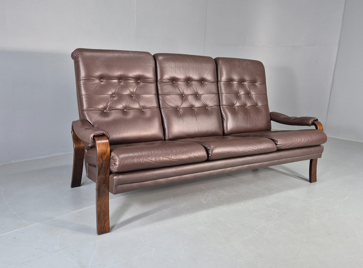 Vintage Danish 3 Seat Sofa Brown Leather Bentwood Frame 1980s Retro MCM EB13062