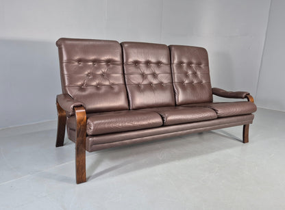 Vintage Danish 3 Seat Sofa Brown Leather Bentwood Frame 1980s Retro MCM EB13062