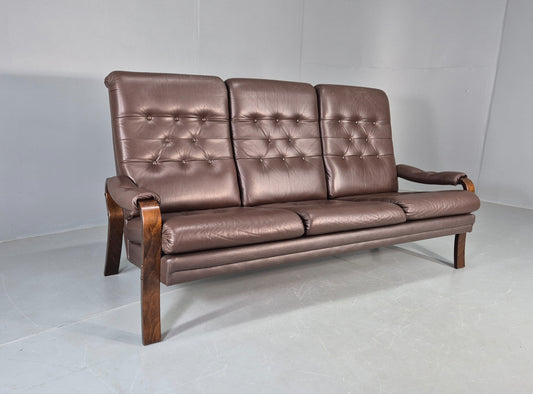 Vintage Danish 3 Seat Sofa Brown Leather Bentwood Frame 1980s Retro MCM EB13062