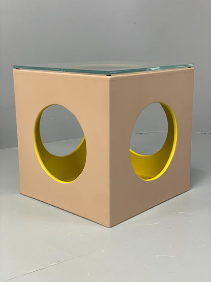 Cube Side Table Glass Top Beige Green Retro Style EB12626