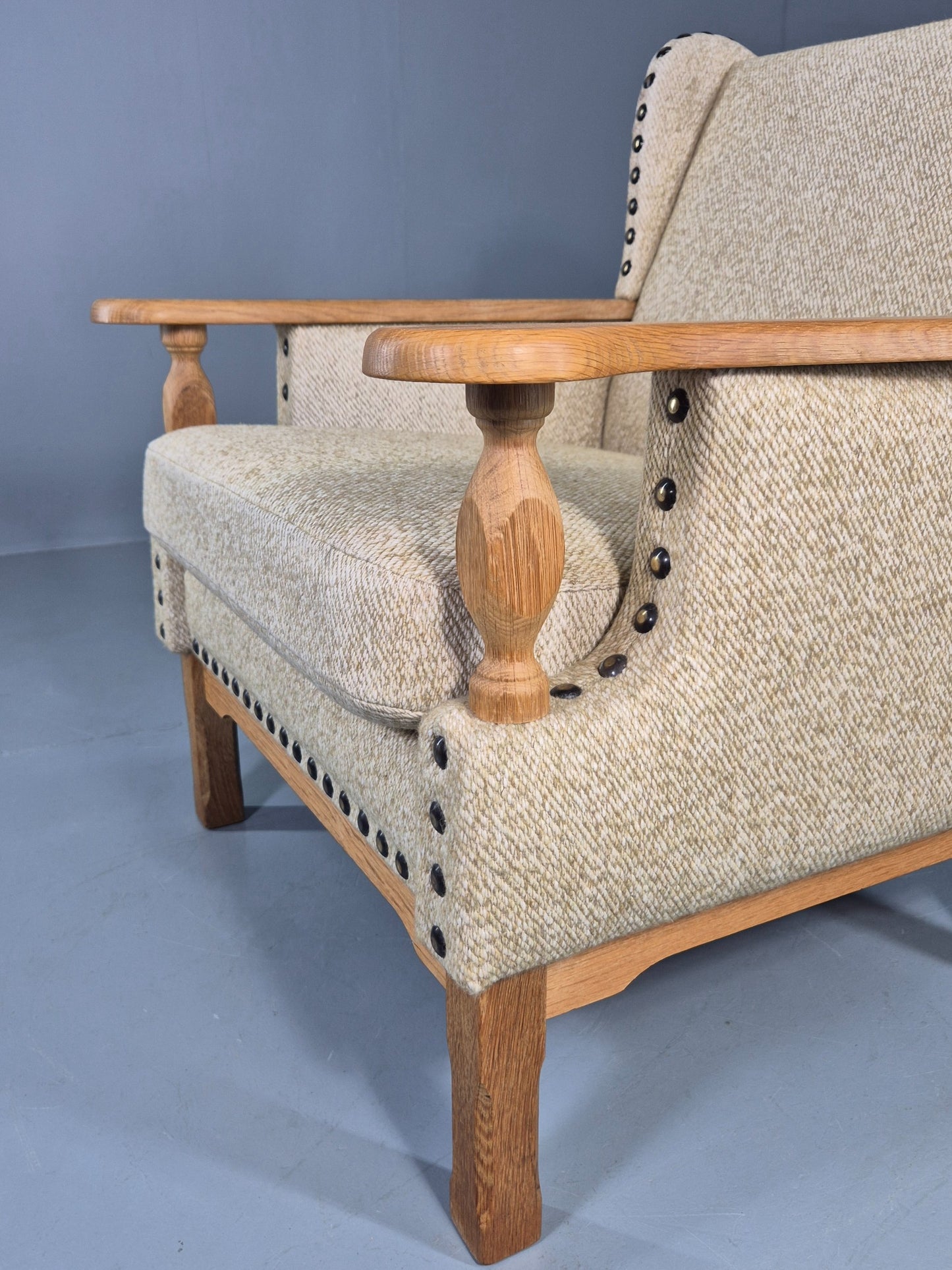 Vintage 1970s Lounge Chair Low Wing Back Kjaernulf Style Oak Retro Cream EB12719