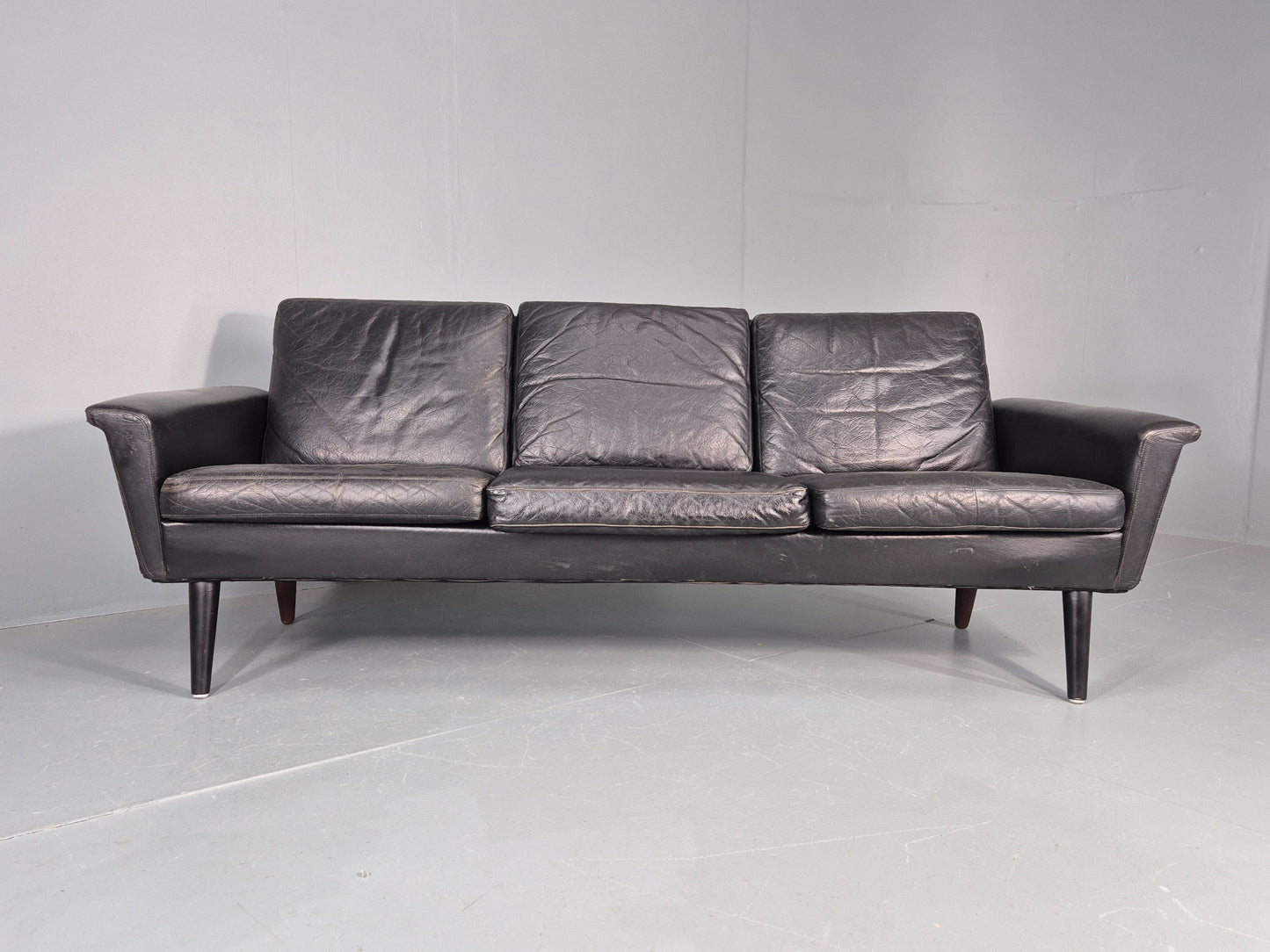 Mid Century 3 Seater Sofa Danish 1960s Black Leather Retro Modern Design EB11355