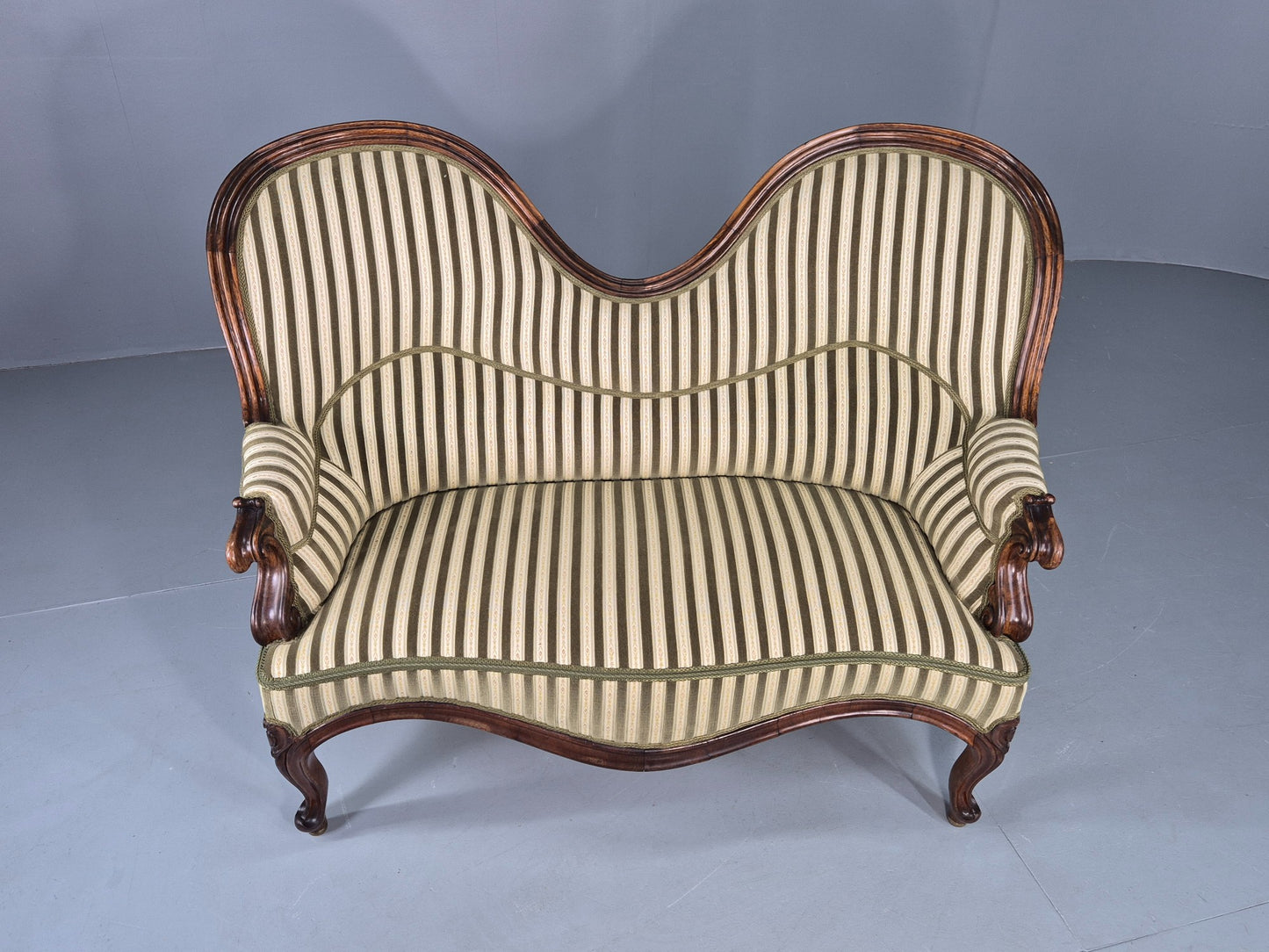Antique Neo Rococo Serpentine Sofa Danish Mahogany Frame Green Cream EB12702